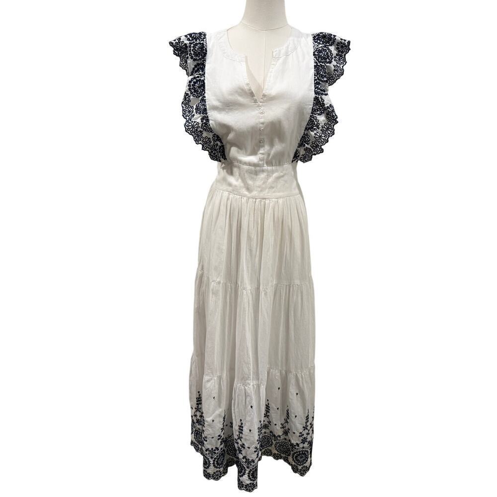 White Black Embroidered Maxi Dress Flutter Sleeves Boho Large Cottagecore